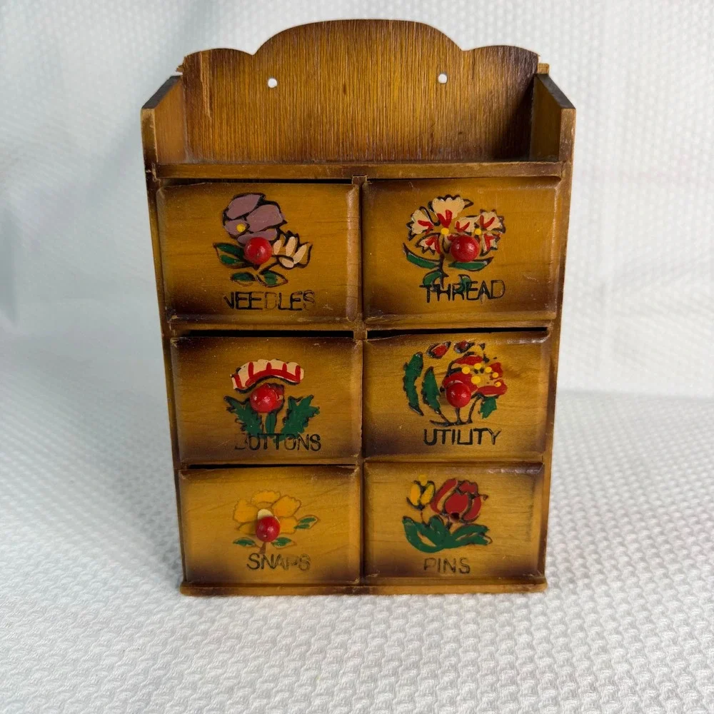 VTG Wood 6 Drawer Sewing Notions Chest Japan Floral Hand Painted Wall Mount Box
